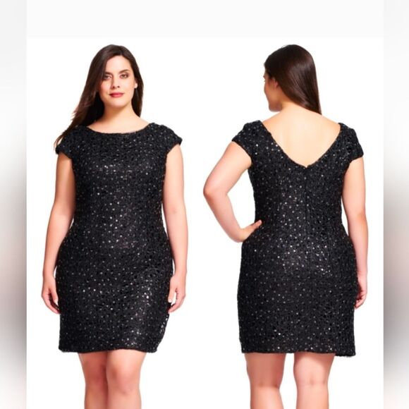 Adrianna Papell Black Lace Sequin cap sleeve mini Cocktail party Shift Dress 20W - Picture 1 of 11